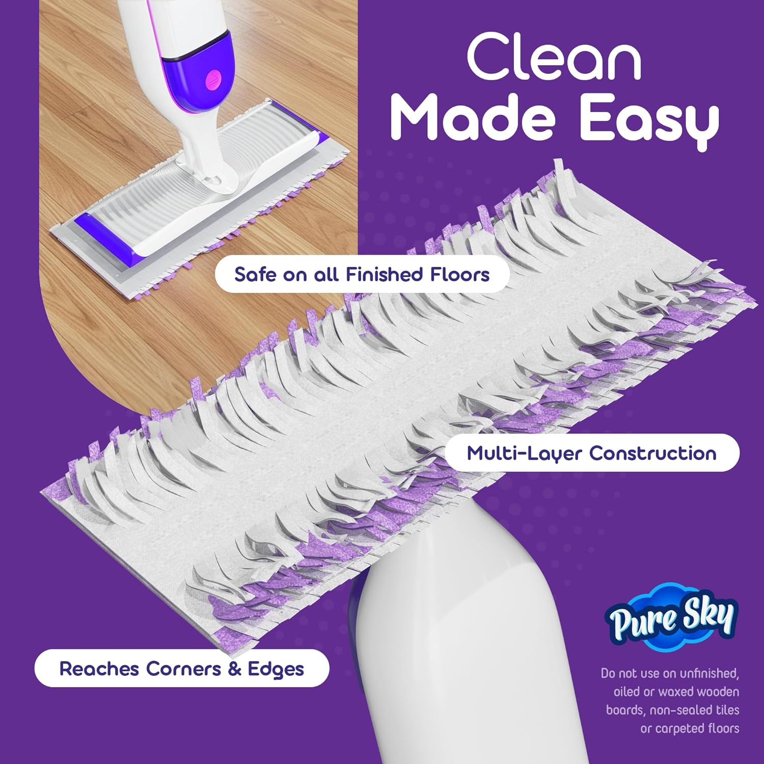 Vacuum cleaner with a multi-layered cleaning pad on a purple background, featuring text about cleaning ease and product features.