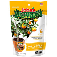 Load image into Gallery viewer, Jobe’s Organics Fruit & Citrus Tree Fertilizer Spikes, 3-5-5 Time Release Fertilizer for All Container or Indoor Fruit Trees, 6 Spikes per Package