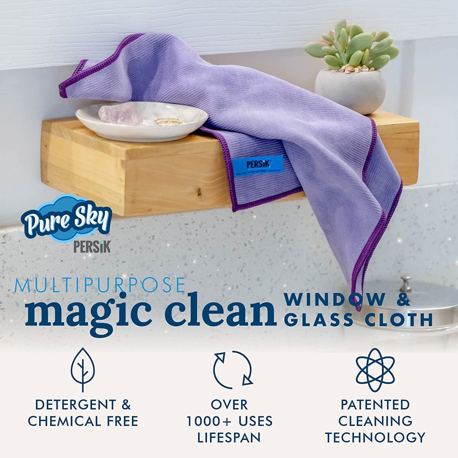 persik Pure-Sky Ultra-Microfiber Cleaning Cloth Streak Free - JUST ADD Water No Detergents Needed - Includes Window and Glass Cleaning Towel Pack of 2 + Eyeglasses Cleaning Cloth Pack of 2