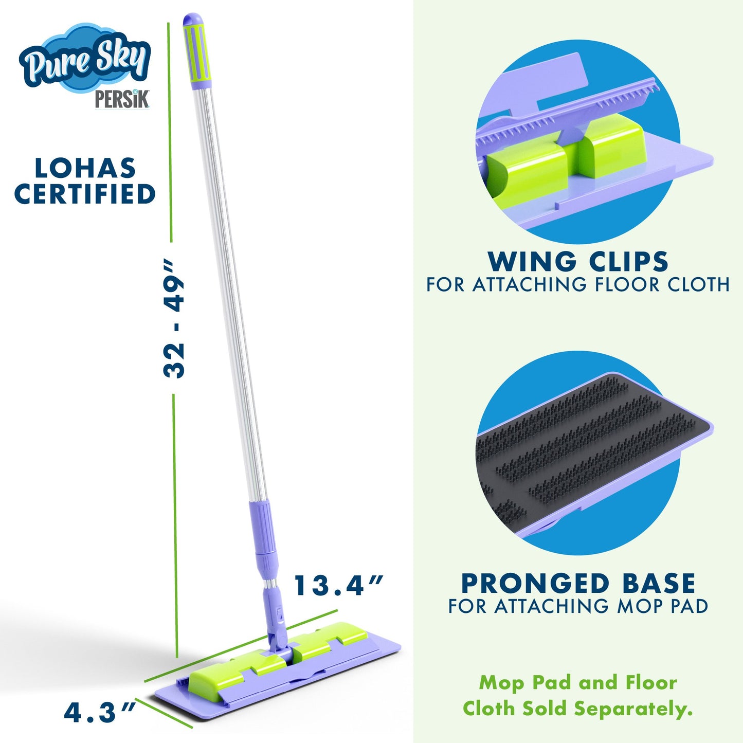 Pure-Sky Ultra Microfiber Floor Mop - Telescopic Extension Pole – Light Weight - Strong Durable Aluminum Handle - Duo-Safety Locking Device