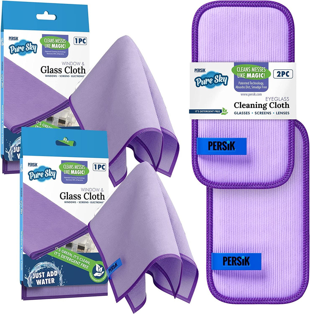 persik Pure-Sky Ultra-Microfiber Cleaning Cloth Streak Free - JUST ADD Water No Detergents Needed - Includes Window and Glass Cleaning Towel Pack of 2 + Eyeglasses Cleaning Cloth Pack of 2
