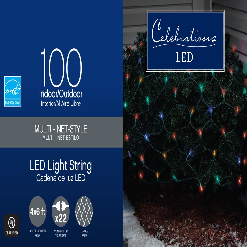Celebrations Indoor/Outdoor LED Net Lights, 4' L x 6' W, 100 Multi-Color Lights