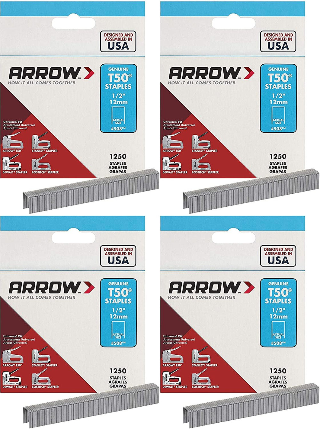 Arrow Fastener 508 Genuine T50 1/2-Inch Staples, 4 Pack