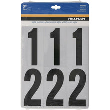 Load image into Gallery viewer, Hillman Square Cut Numbers Self Adhesive Sign Kit, Silver and Black Reflective Mylar, 3 inches Characters 1-Sign Kit - 0-9 26 pc
