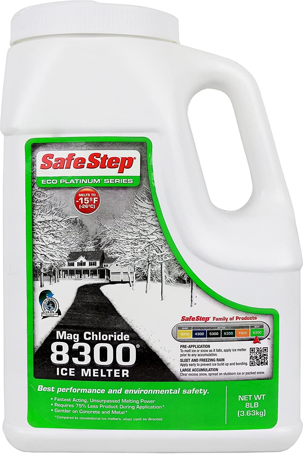 Safe Step Mag Chloride Ice Melter 8300 Maximum Strength Melting Power, Environmentally Safe, Non-Corrosive Safe for Concrete Sidewalks, Driveway Pavement