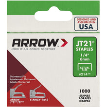 Load image into Gallery viewer, Arrow Fastener 214 Genuine JT21 1/4-Inch Staples, 1,000-Staples
