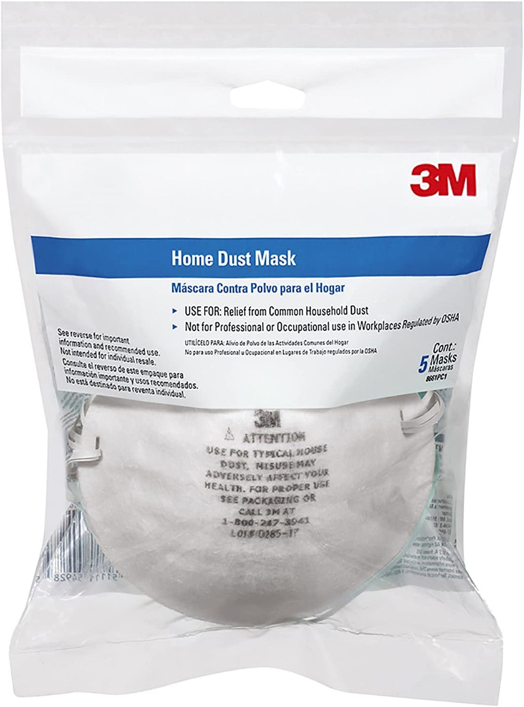 3M Home Dust Mask, Helps Provide Relief From Allergens, Pet Dander, And Other Non Harmful Airborne Particles, 5-Pack (8661PC1-A)