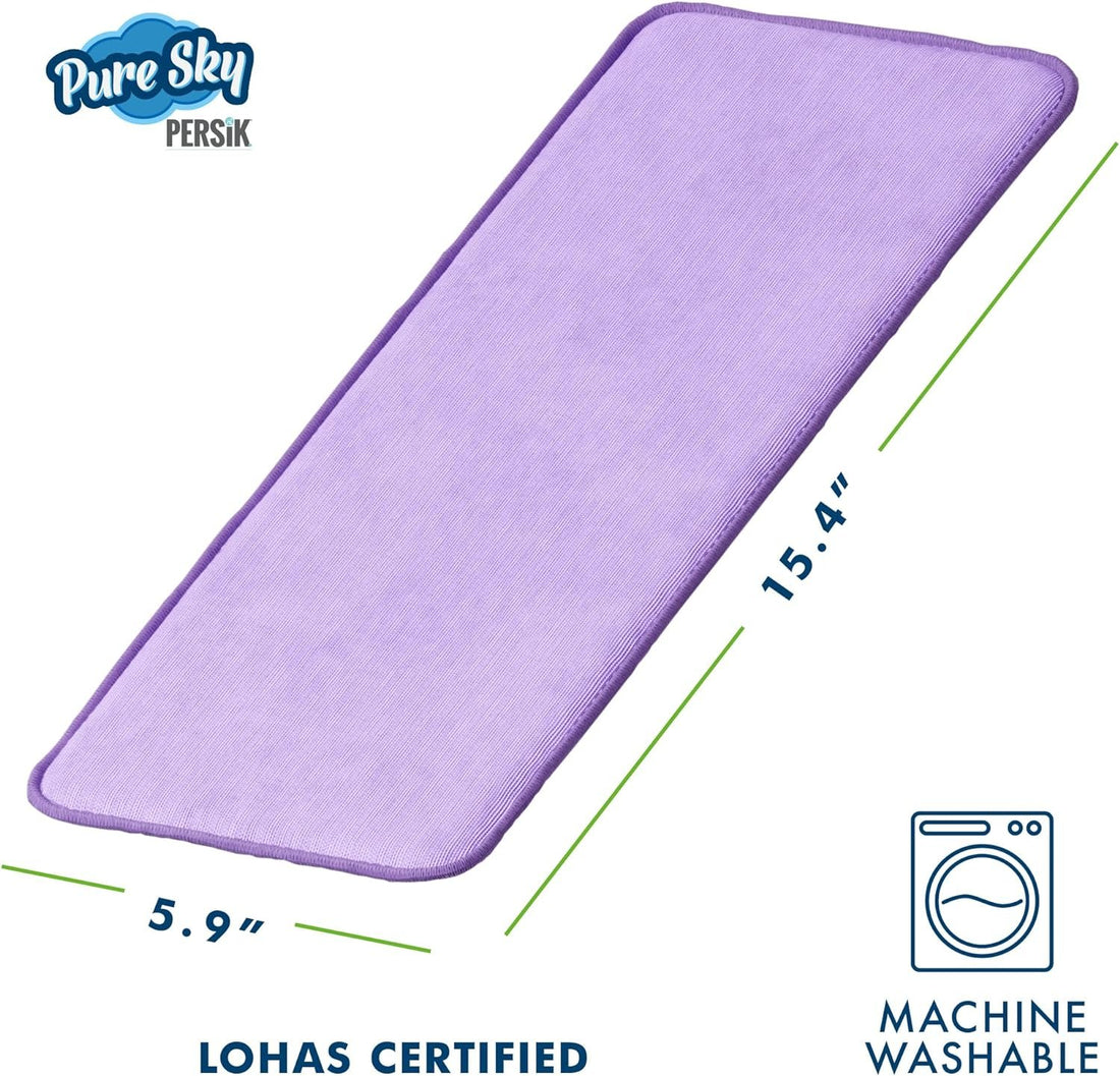 Lavender Pure Sky Persik reusable waterproof bed pad measuring 15.4 inches by 5.9 inches, machine washable and LOHAS certified