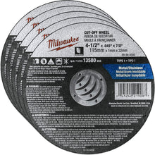 Load image into Gallery viewer, Milwaukee 4-1/2 in. Aluminum Oxide Cutting Cut-Off Wheel 0.045 in. thick x 7/8 in. (Pack of 5).
