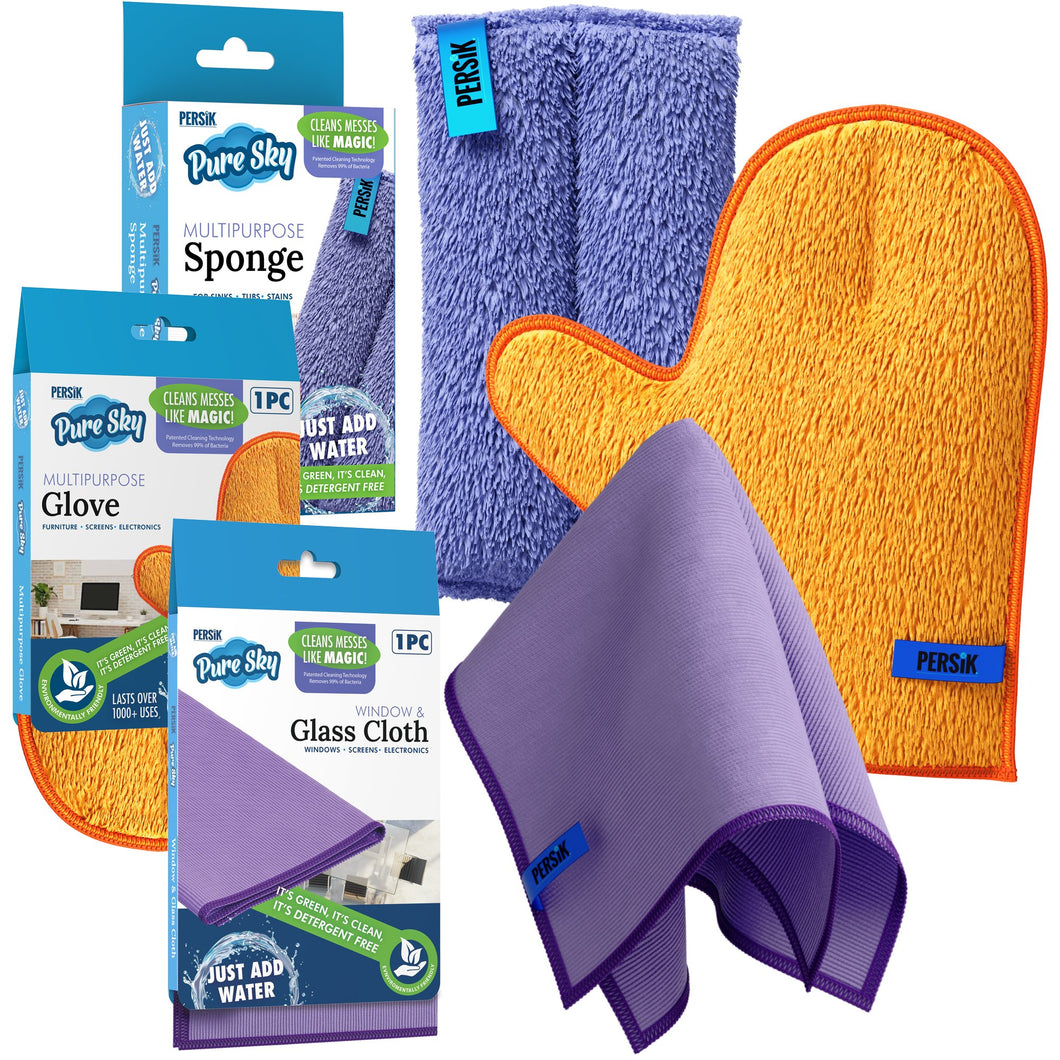 Pure-Sky Ultra-Microfiber Cleaning Cloth - Includes Window & Glass Towel Streak Free + Dusting  Glove +  Sponge