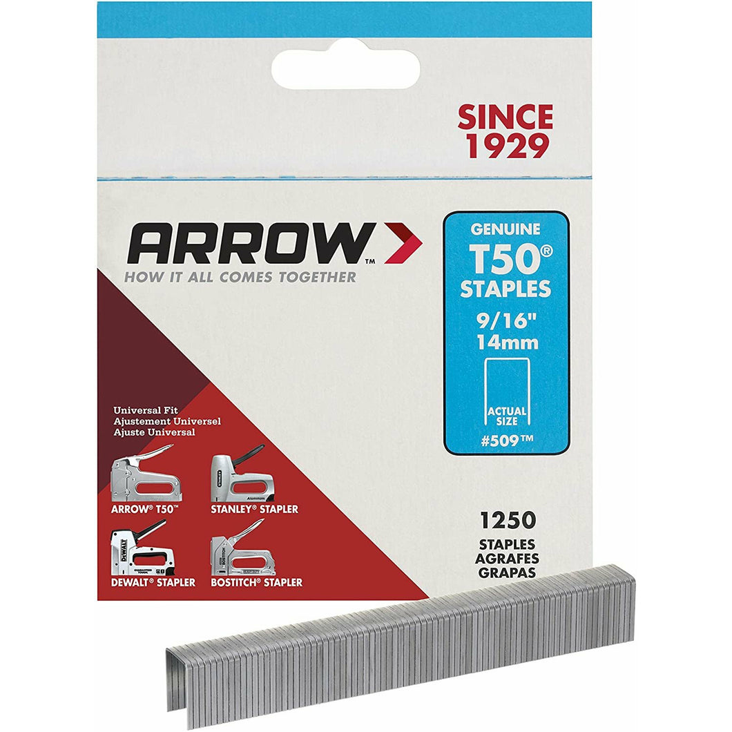 Arrow 509 Genuine T50 9/16-Inch Staples, 1,250-Pack