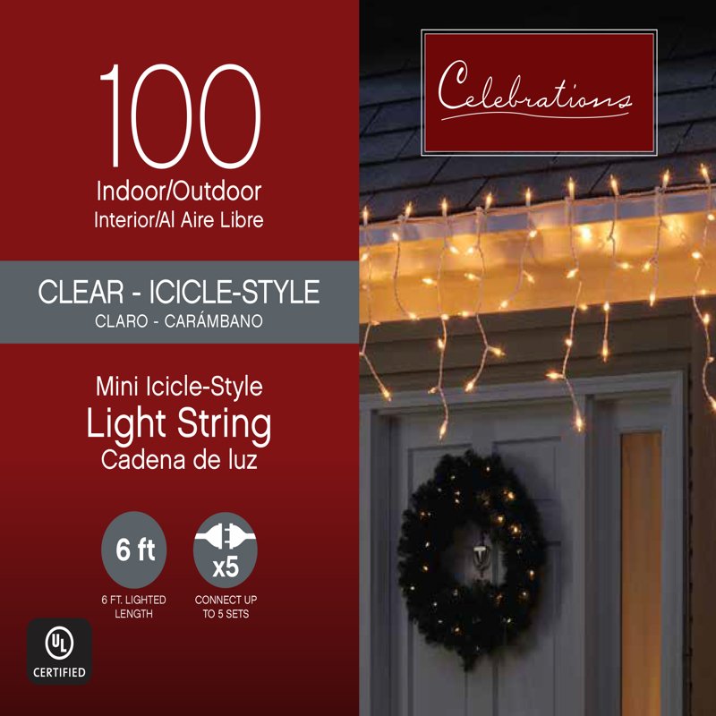 9016459 Celebrations Incandescent Mini Clear/Warm White 100 ct Icicle Christmas Lights 5.67 ft.