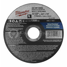 Load image into Gallery viewer, Milwaukee 10 Pack - 4 1 2 Cutting Wheels For Grinders - Aggressive Cutting For Metal &amp; Stainless Steel - 4-1/2&quot; x .045 x 7/8-Inch | Flat Cut Off Wheels
