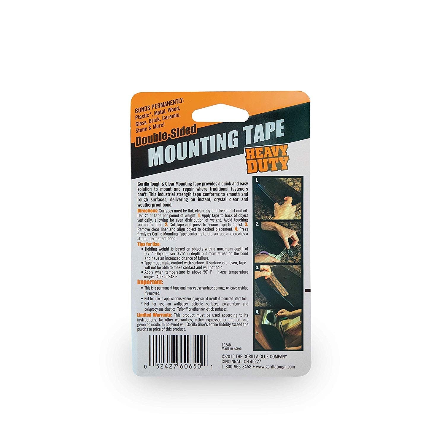 Gorilla Heavy Duty Double Sided Mounting Tape, 1 inch x 60 Inches, Black 6 Pack