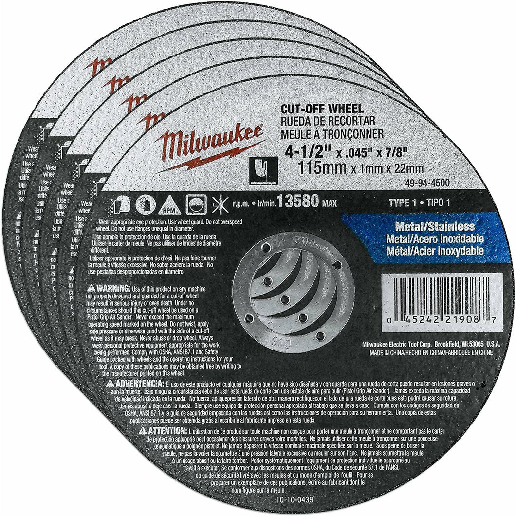 Milwaukee 4-1/2 in. Aluminum Oxide Cutting Cut-Off Wheel 0.045 in. thick x 7/8 in. (Pack of 5).