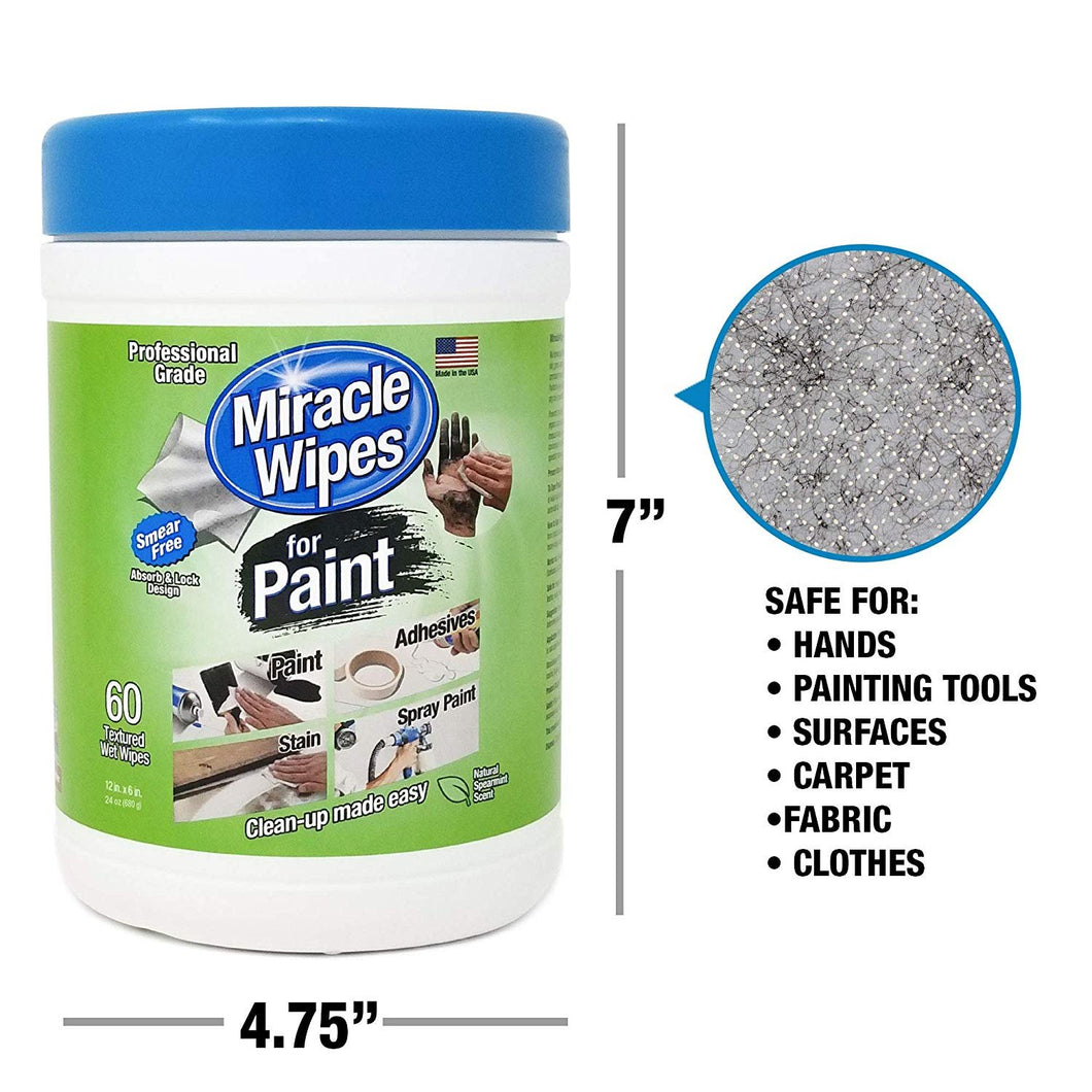 MiracleWipes for Paint Cleanup - All Purpose Cleaner, Brushes, Wet Paint, Caulking, Hands, Epoxy, Acrylic, DIY - Removes Grease, Grime, Oils, Adhesives & More - Cleaning Supplies - (60 Count)