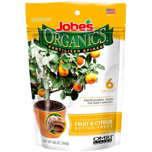 Load image into Gallery viewer, Jobeâ€™s Organics Fruit &amp; Citrus Tree Fertilizer Spikes, 3-5-5 Time Release Fertilizer for All Container or Indoor Fruit Trees, 6 Spikes per Package
