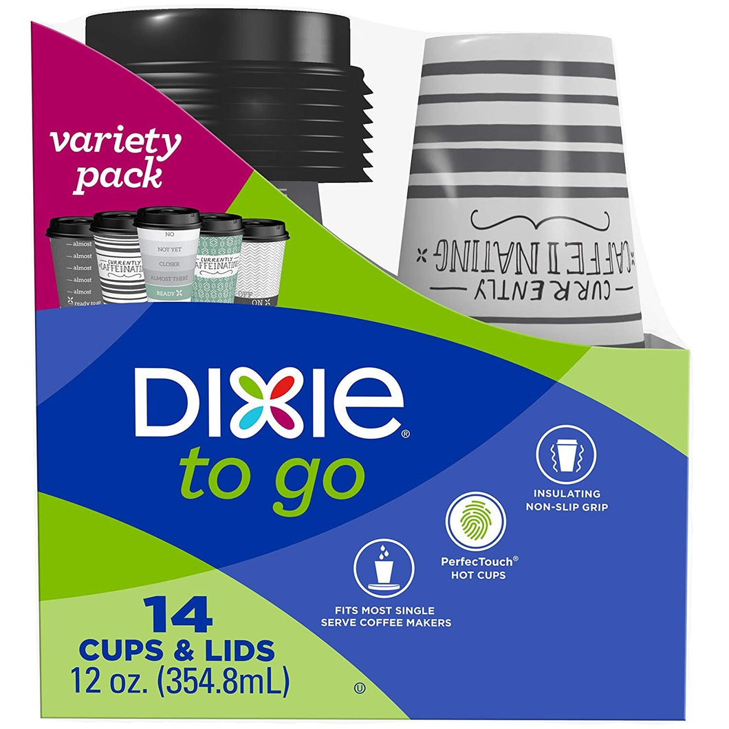 Dixie To Go Coffee Cups and Lids, 12 Oz, 14 Count, Assorted Designs, Disposable Hot Beverage Cups & Lids