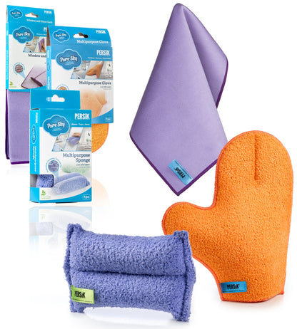 Pure-Sky Ultra-Microfiber Cleaning Cloth - Includes Window &amp; Glass Towel Streak Free + Dusting  Glove +  Sponge