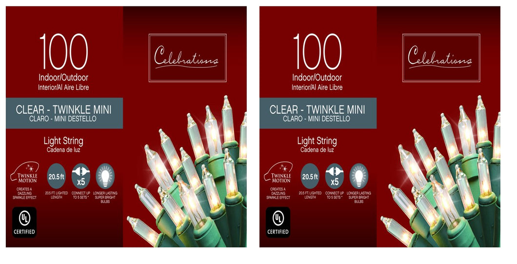 Celebrations Lighting V8224112 Twinkle Lights 100 Clear Bulbs Length 20.5' - 2 Pack