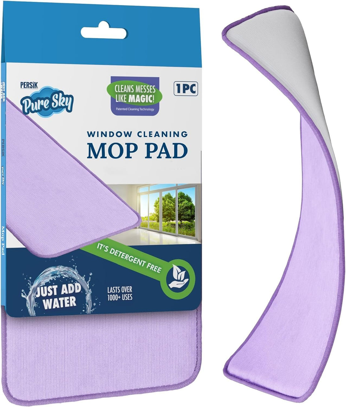 Pure-Sky window glass mop head packaging, with the product visible through a clear plastic window. The packaging is primarily white and blue, with text detailing the product&