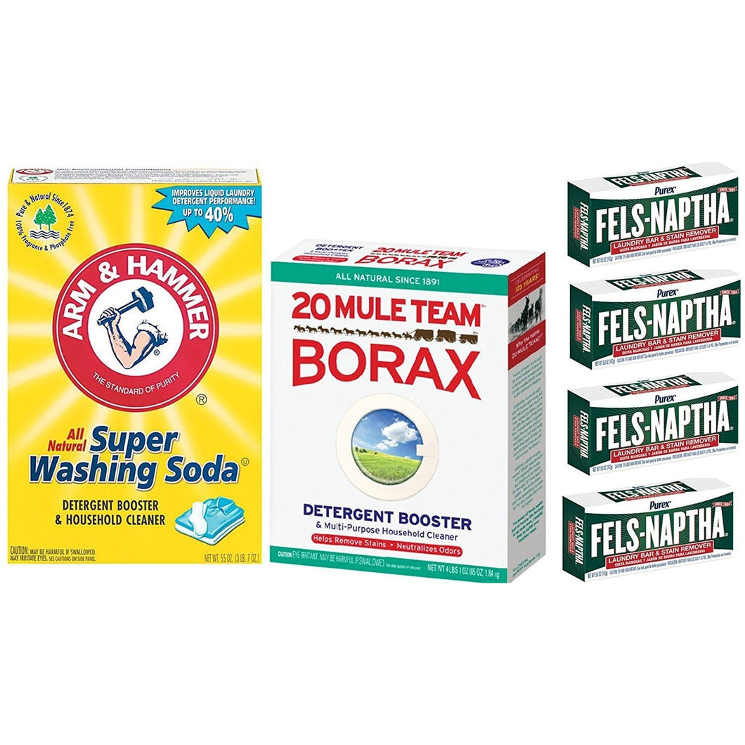Laundry Soap Kit - Fels Naptha 4 bars, 20 Mule Team Borax Natural Laundry Booster, & Arm & Hammer Super Washing Soda