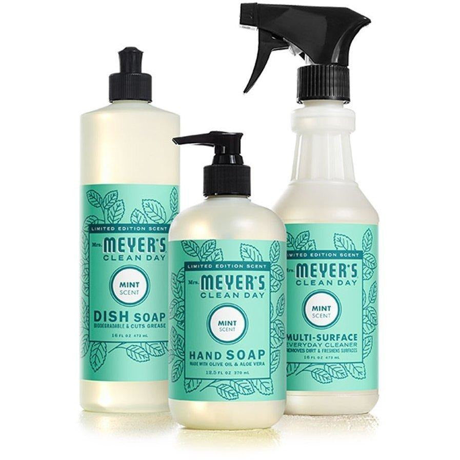 Mrs. Meyer's Clean Day Mint Kitchen Basics Set Limited Spring Edition 3 items - (1) Dish Soap, (1) Hand Soap, (1) Everyday Cleaner