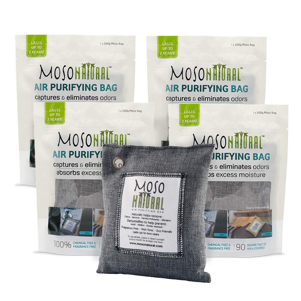 MOSO NATURAL Air Purifying Bag 4 Pack. Bamboo Charcoal Air Freshener, Deodorizer, Odor Eliminator, Odor Absorber For Cars and Closets. 200g Charcoal Color