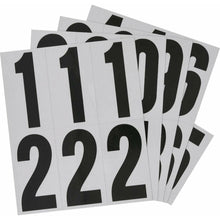 Load image into Gallery viewer, Hillman Square Cut Numbers Self Adhesive Sign Kit, Silver and Black Reflective Mylar, 3 inches Characters 1-Sign Kit - 0-9 26 pc
